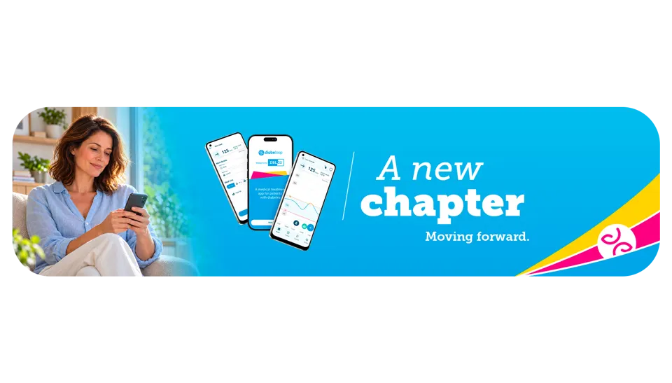Diabeloop ‘A new chapter – Moving forward’ banner showing a woman using her smartphone beside three phone screens of the DBLG2 app