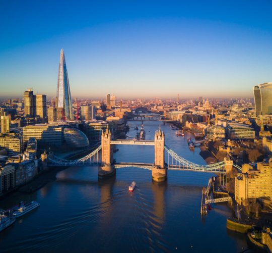 Aerial view of London and the Tower Bridge