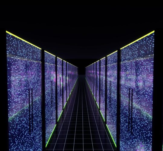 Modern data center servers room with neon lights AI iot learning 3d rendering